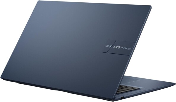 Vue arrière de biais sur le PC portable Asus Vivobook 17 coloris Quiet Blue