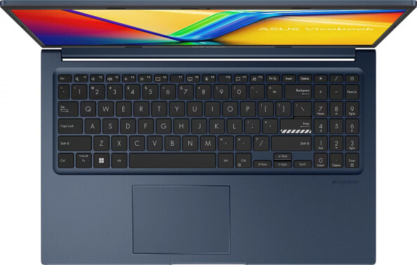 Vue du dessus sur le clavier AZERTY avec pavé numérique et pavé tactile du Notebook Asus coloris bleu marine avec écran Full HD 15,6" affichant l'écran d'accueil