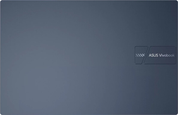 Vue du dessus sur le boîtier coloris bleu Quiet Blue et sa charnière à 180° du PC portable Asus Vivobook
