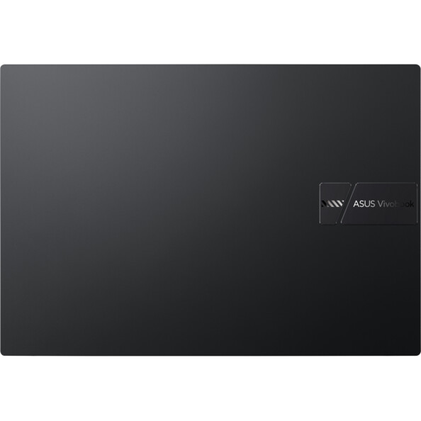 Vue du dessus du boîtier en plastique ABS coloris noir avec logo Asus du PC Asus Vivobook 16