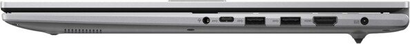 Vue côté gauche du PC portable Asus Vivobook 17 X1704VA-AU8O8W, avec 2 ports USB-A, 1 port USB-C, 1 port HDMI, 1 prise jack et 1 prise d'alimentation