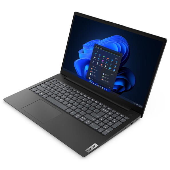 Vue de biais côté droit du dessus sur le PC portable Lenovo V15 avec pavé tactile et pavé numérique intégrés au clavier AZERTY