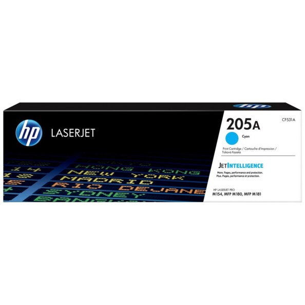 Toner original HP pour imprimante laser modèle 205A cyan.