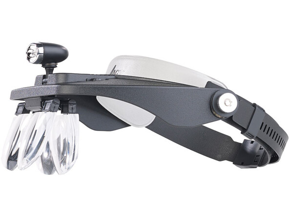 Vue de profil de la loupe et lampe frontale 2 en 1 avec plusieurs lentilles superposées et lampe LED inclinable intégrée
