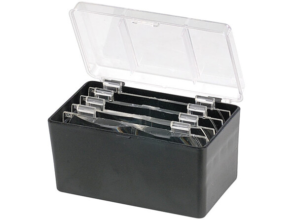 4 lentilles de grossissement transparentes dans un boîtier de protection noir avec couvercle transparent en plastique