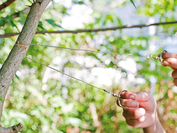 Mise en situation d'une personne utilisant le fil à scier en métal Semptec pour scier une branche d'arbre
