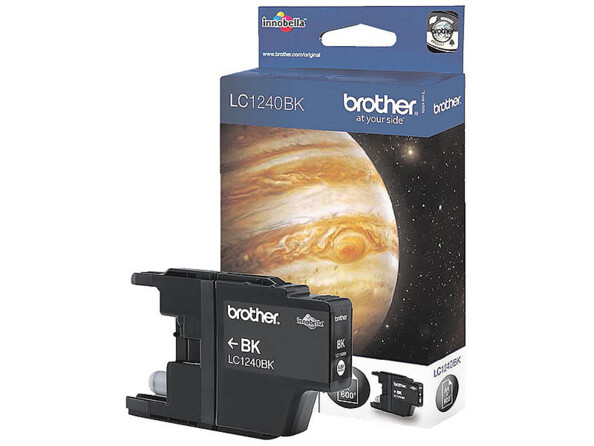 Cartouche Brother LC1240BK noire avec emballage bleu, logo innobella et illustration de planète Jupiter