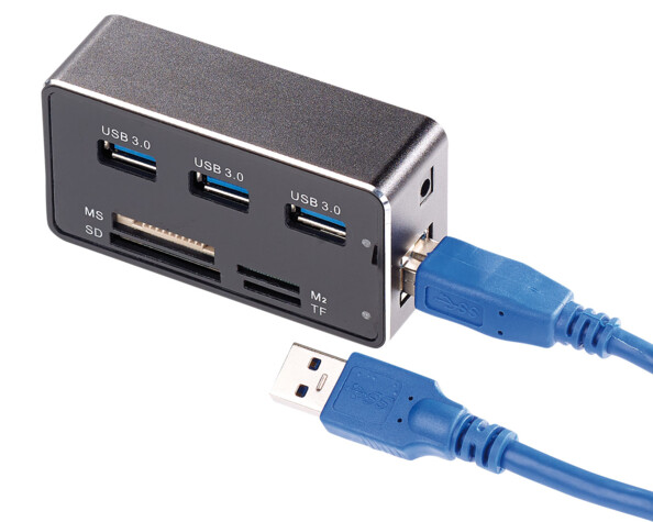 Hub USB 3.0 avec lecteur de cartes SD/MicroSD/MS/M2, câble USB et mode d'emploi français