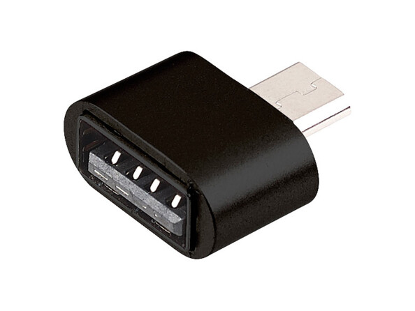 Adaptateur OTG noir compact avec port USB-A femelle et fiche micro-USB mâle argentée