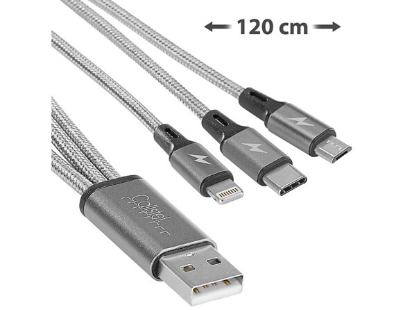 Câble de chargement 3 en 1 de 120 cm par Callstel. Micro-USB / USB-C / Lightning