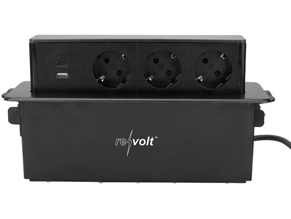 Multiprise encastrable noire pour bureau avec 3 prises 230 V, un port USB Quick Charge 3.0 et un port USB-C Power Delivery.