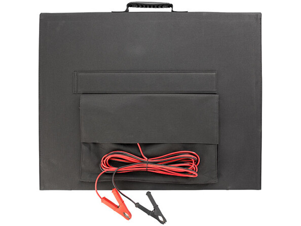 Panneau solaire pliable 200 W avec housse pour ranger les pinces crocodile intégrées.