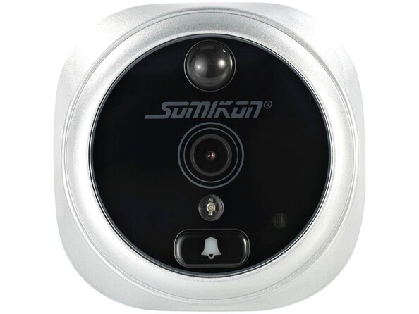 Vue de face du judas numérique noir et gris de Somikon avec caméra et capteur PIR