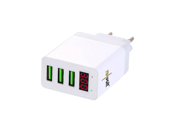 Chargeur secteur avec 3 ports USB. Puissance de sortie USB : 5 V / 2,4 A chacun, total max. 3,1 A / 15,5 W