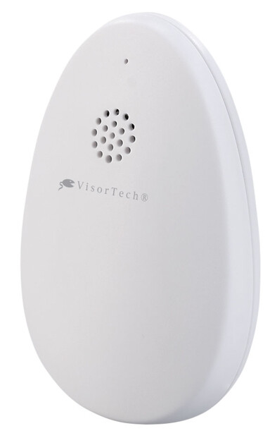 Capteur de bris de vitre coloris blanc en forme d'oeuf avec haut-parleur sur la face avant pour alarme et logo VisorTech gris situé en dessous