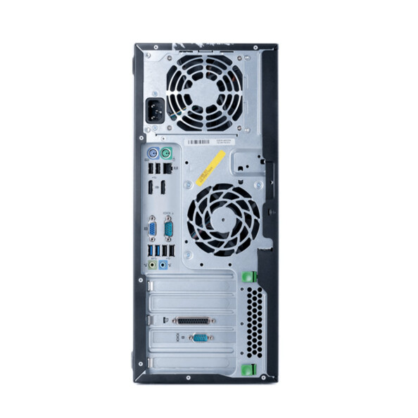 Arrière de la tour HP avec ventilation, ports USB, Sub-D, Display Port/VGA, prises audio et RJ45)