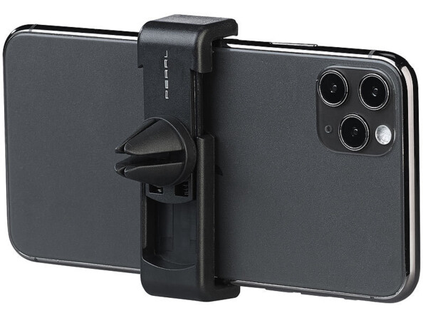 IPhone attaché à un support universel extensible pour grille de ventilation vue de derrière avec aperçu des trois appareils photo du smartphone et du cône de fixation du support auto