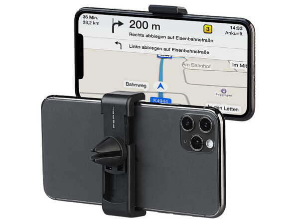 Vue avant et arrière d'un smartphone allumé en plein écran sur une navigation GPS avec support de fixation pour grille d'aération de véhicule attaché