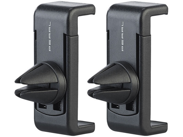 Vue arrière de 2 supports auto extensible pour smartphone jusqu'à 78 mm de large avec pince de fixation coniques en caoutchouc et logo Pearl à l'arrière