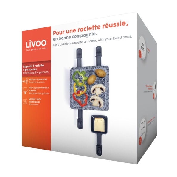 Packaging de l'appareil à raclette pour 4 personnes avec plateau en granit Livoo.