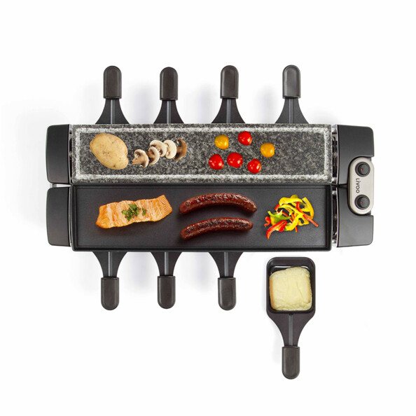 Mise en situation de l'appareil à raclette modulable Livoo pour 4 à 8 personnes.