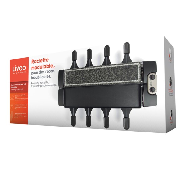 Packaging de l'appareil à raclette modulable pour 4 à 8 personnes Livoo.
