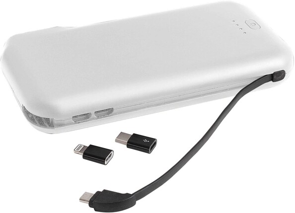 Powerbank avec embouts USB-C et Lightning.