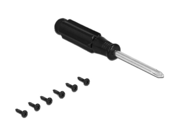 Le tournevis et les vis fournies avec le boîtier pour SSD 2,5" Delock.