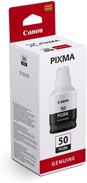 Bouteille d'encre de recharge GI-50 PGBK pour imprimante jet d'encre Canon vue du packaging de biais