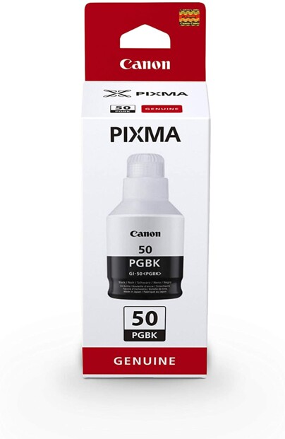 Bouteille d'encre de recharge GI-50 PGBK pour imprimante jet d'encre Canon vue du packaging