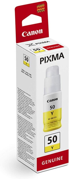 Bouteille d'encre de recharge GI-50 Y jaune pour imprimante jet d'encre Canon vue du packaging de biais