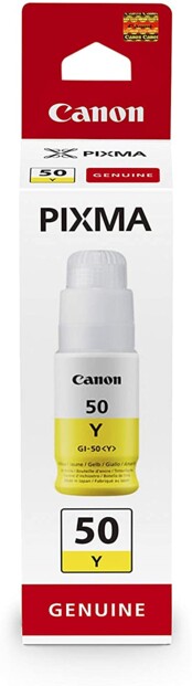 Bouteille d'encre de recharge GI-50 Y jaune pour imprimante jet d'encre Canon vue du packaging
