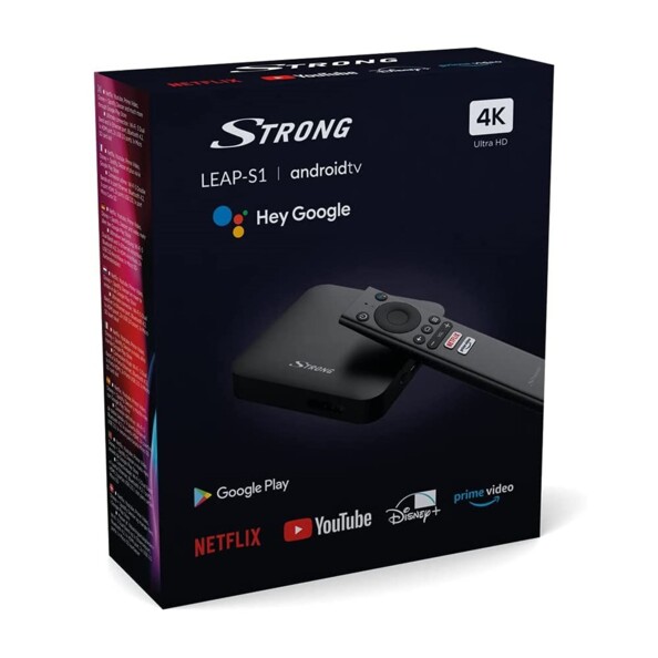 Packaging de la box TV Android 4K Strong LEAP-S1.