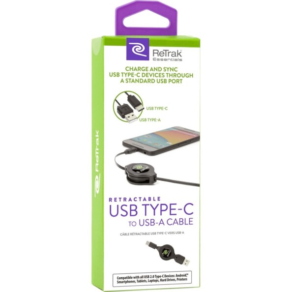 Packaging du câble USB-C vers USB-A rétractable de 80 cm Retrak.