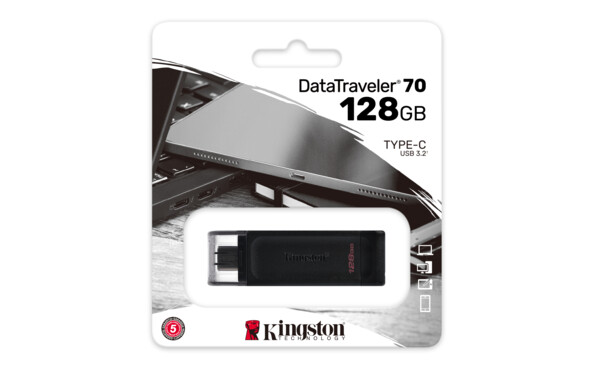 Mémoire USB-C 3.2 Gen 1 DataTraveler 70 128 Go Kingston dans son emballage