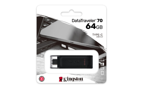 Mémoire USB-C 3.2 Gen 1 DataTraveler 70 64 Go Kingston dans son emballage