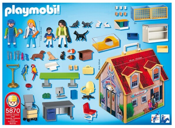 Coffret transportable Playmobil 5870 avec plus de 50 accessoires de clinique vétérinaire.
