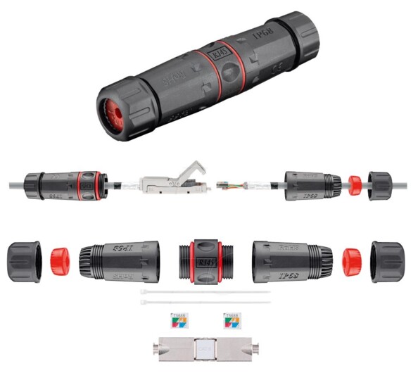 Connecteur électrique étanche Goobay pour raccorder des câbles réseau en extérieur.