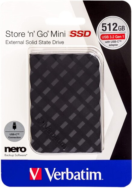 Packaging du disque dur Verbatim Store'n'Go Mini de 512 Go.