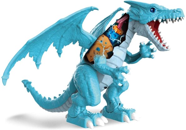 Vue sur le mécanisme du dragon de glace motorisé fabriqué par Robo Alive.