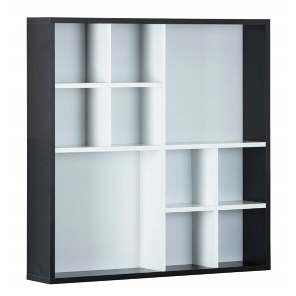 Étagère murale noire et blanche modèle "Decem" avec 10 compartiments.