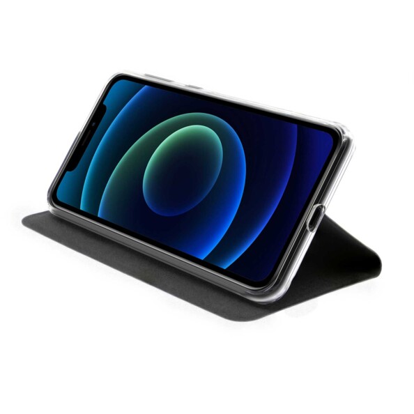 Le mode stand de l'étui folio Akashi ALTFIP12PBLK pour iPhone 12.