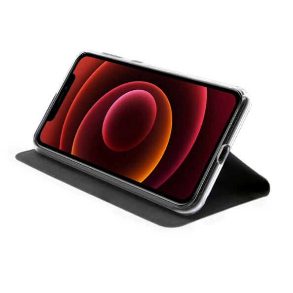 Le mode stand de l'étui folio Akashi ALTFIP12BLK pour iPhone 12 Mini.