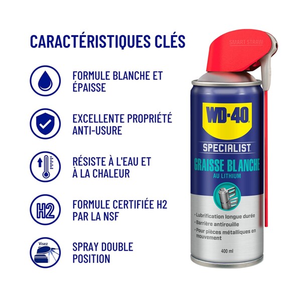 Graisse blanche au lithium "Specialist" WD-40 contenance 400 ml avec détail des caractéristique