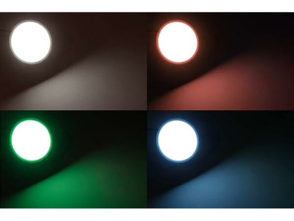 Les différentes couleurs de lumière émisent par le spot LED RGB et blanc chaud Itius.