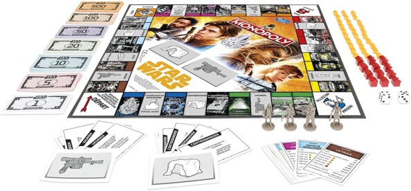 Le plateau, les cartes et les figurines contenus dans le pack Monopoly Star Wars spécial Han Solo.
