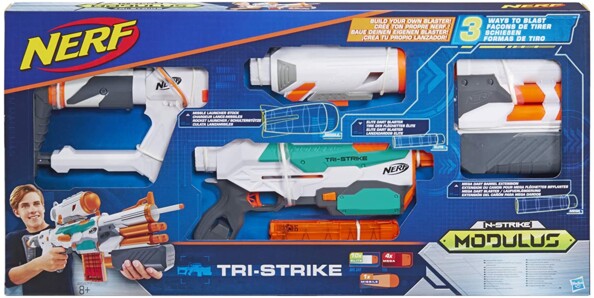 Packaging du Nerf Elite Modulus Tri-Strike B5577 par Hasbro.