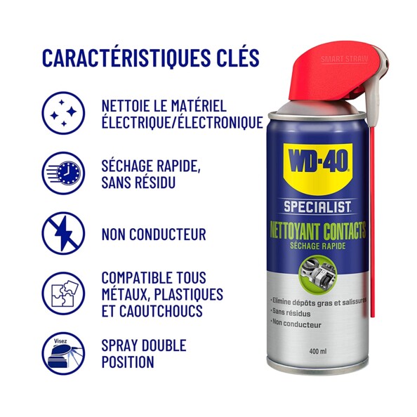 Bombe de Nettoyant contacts "Specialist" WD-40 400 ml avec détail des caractéristiques