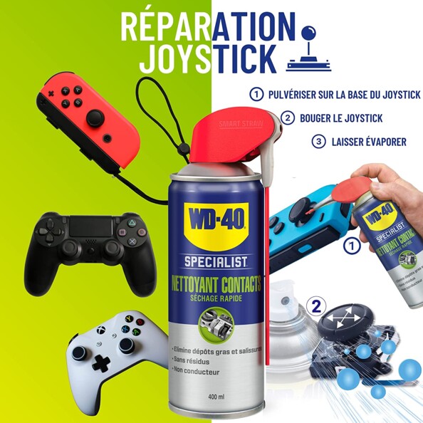 Bombe de Nettoyant contacts "Specialist" WD-40 400 ml vue avec réparation d'un joystick