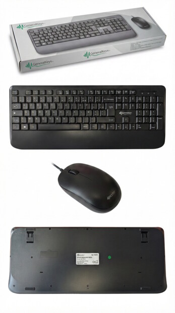 Collage de quatre photos studio montrant l'emballage, le clavier, et les vues de dessus et de dessous de la souris GeneralKeys.